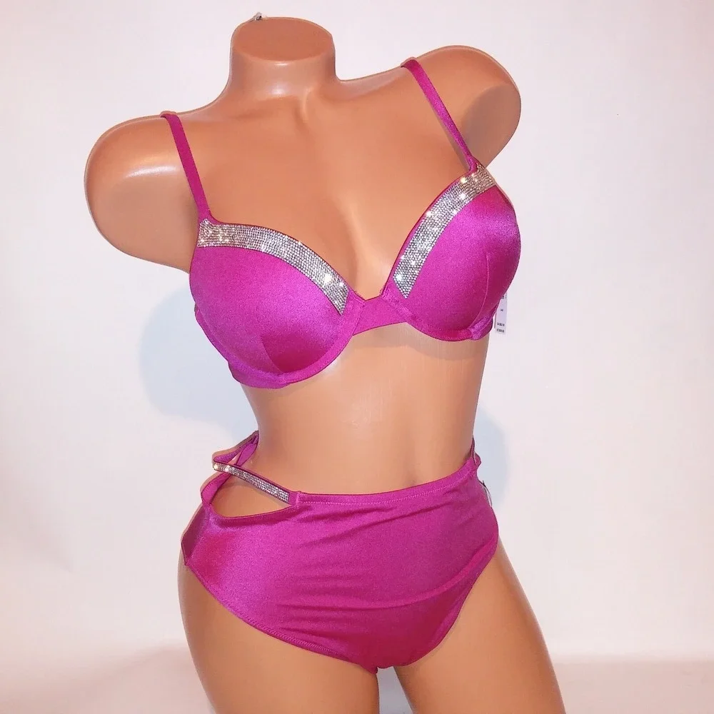 Victoria Secret Swim Bikini 34DD Top Small Bottom Push Up Pink Shine Trim Bling